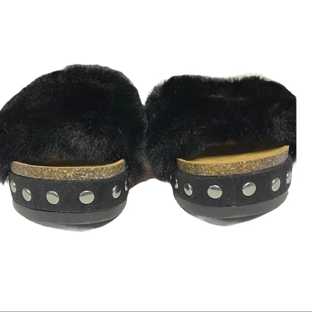 L4l By Lust For Life Sandals 10M Black Faux Fur Studded Wedge Platform Mule Chic